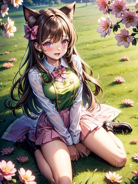 Brown hair, pink eyes, body, cat ears, sexy girl, earrings, flower sky background, green gold uniform, hair bows, lay down, happy face, full body