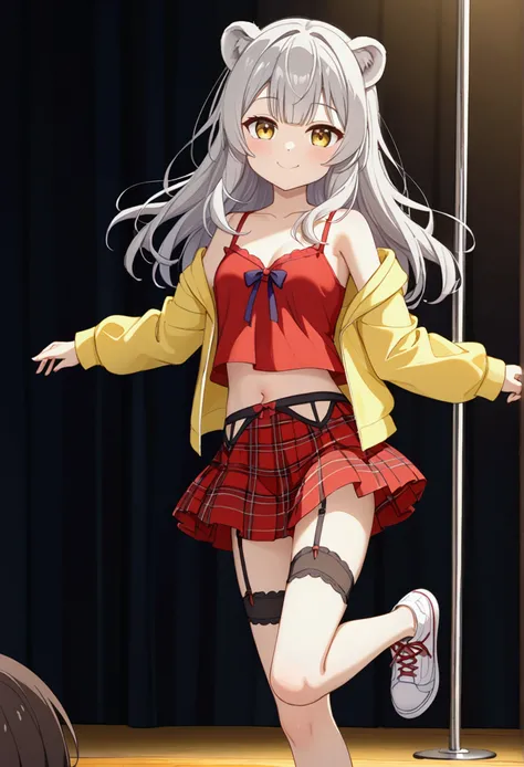  Hololive、Idol、cute、young、Small breasts、Gray Hair、Long Hairstyles、Yellow Eyes、White hoodie、sneakers、Red inner camisole、belly button、on stage、garter belt、skirt、Have、lion dance、White bear、dance、Pause、smile、be happy