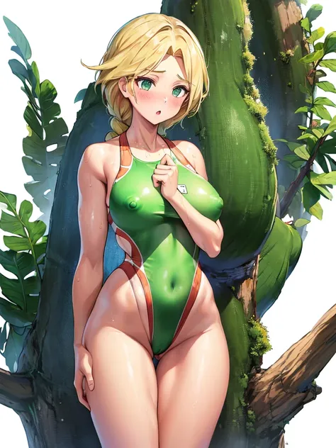  (White background, 1girl:1.4), BREAK,
Long Single braid, blonde hair, Green Eyes,Narrow waist,voluptuous Breasts,(one-piece competitive swimwear,one-piece competition swimsuit:1.6), blush,Open your mouth,(covered nipples:1.2)