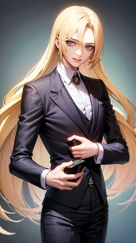 Hair yellow, Anime style image of a man with long blonde hair wearing a black suit and white shirt, purple eye, a character portrait inspired by Yamagata Hiro, pixiv, what is?, pat pat anime, delicate androgynous prince, black skin, smile, black skin, blac...