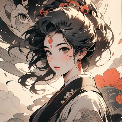 One Girl, India, so beautiful, Well-proportioned face, Ink Painting, Ukiyo-e, Lifting hair, Smudged ink, Low - Angle, whole body, dance, Hidden Strength, Brush writing, Monochrome, Surrounded by flowers