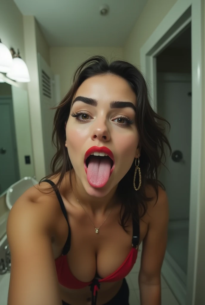 Woman takes selfie in bathroom mirror, picture faces, Beautiful face,   black eyebrows thick stuck out tongue,, face with artgram, SEXY FACE, crazy face, cute stupid face, Mouth agape, Ugly appearance, The Face of Horror, very лицо, ahegao face, with a pre...