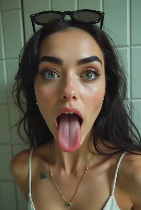 Woman takes selfie in bathroom mirror, picture faces, Beautiful face,   black eyebrows thick stuck out tongue,, face with artgram, SEXY FACE, crazy face, cute stupid face, Mouth agape, Ugly appearance, The Face of Horror, very лицо, ahegao face, with a pre...