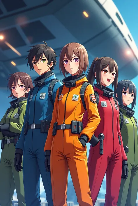 5 astronauts in the style of Among Us, each with particular characteristics and different colored clothing (5 cores: offwhite, blackw, rot, Unripe, Pink). Make them anime style. As striking features