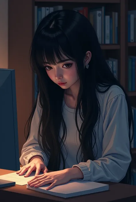  with long black hair bangs writing poetry on the computer 