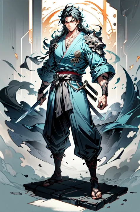 Young Man, Cool Swordsman, wearing light blue kimono, long Hair, black hair, black Eyes, Intimidating Appearance, A sharp sword on his back, full body, anime, cinematic lighting, cowboy shot, UHD, retina, masterpiece, accurate, anatomically correct, textur...