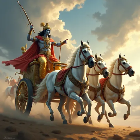 "Create a highly detailed and dynamic scene from the Mahabharata, capturing the iconic moment of Lord Krishna guiding Arjuna on the battlefield of Kurukshetra. The chariot, grand and intricately adorned, should be drawn by four powerful, galloping white ho...