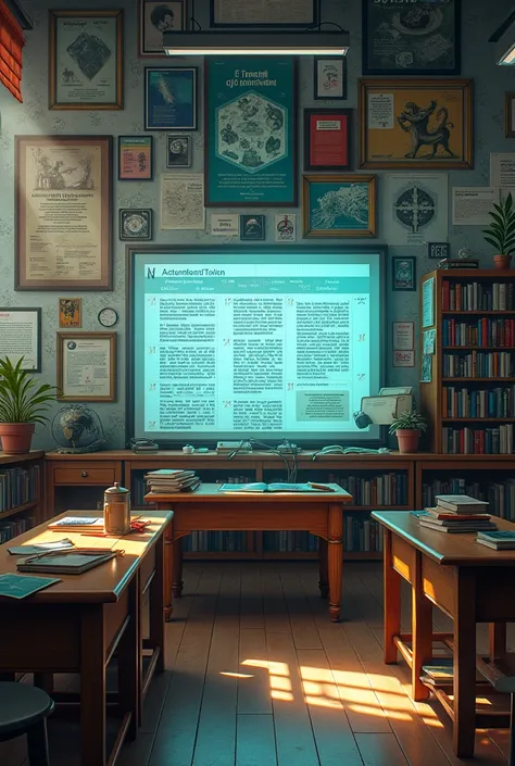 create an image of a classroom where there are literate artifacts, that is to say, containing advertising posters, of scientific exposition, technological screens with academic texts, books with visible texts.