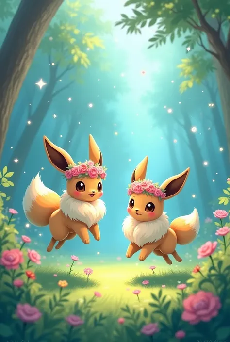 Pokémon,  2 eevees with flower crown on head，1 eevee jumping, adolable，Beautiful fusion monster，Fantastical blue and green colors，Natural, dancing  with happiness in nature, Ghibli style, dreamy and sparkly landscape