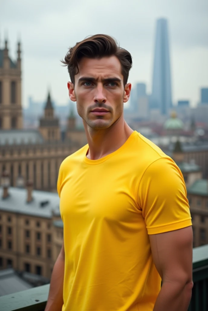 Generate a real male model with a yellow color T-shirt on, so that he looks 
English. A city looks in the background.  