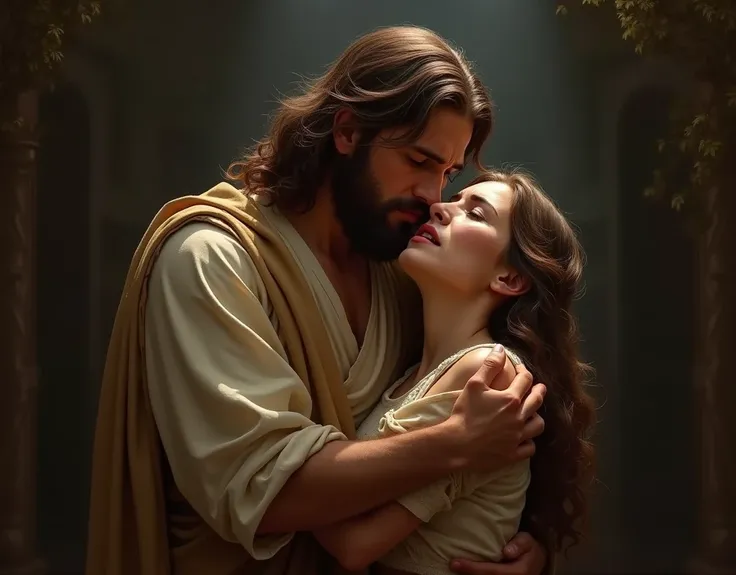 Jesus Christ with the adulterous woman crying in his arms