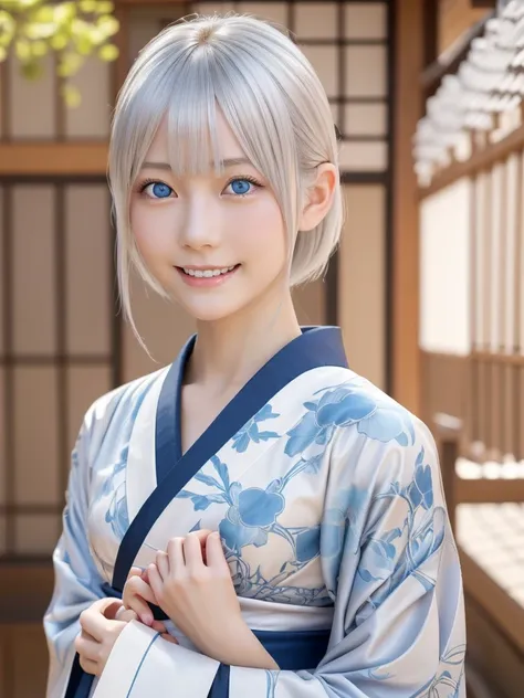 NSFW,Correct human anatomy,Japanese hairstyle,a young beautiful Japanese girl with short platinum silver hair,large pale blue eyes,droppy eyes,a balanced gaze,and a sweet smile,Nordic beauty,wearing a detailed kimono,highly detailed and realistic, 8k,ultra...