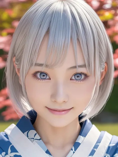 NSFW,Correct human anatomy,Japanese hairstyle,a young beautiful Japanese girl with short platinum silver hair,large pale blue eyes,droppy eyes,a balanced gaze,and a sweet smile,Nordic beauty,wearing a detailed kimono,highly detailed and realistic, 8k,ultra...