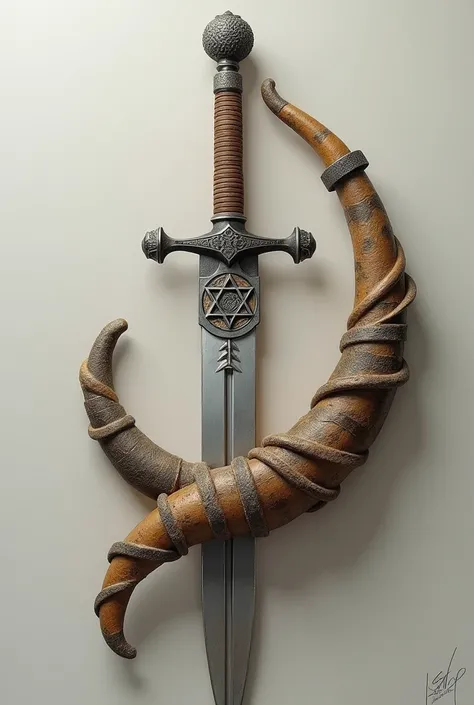 a jewish shofar wrapped with a warrior sword in 3d
