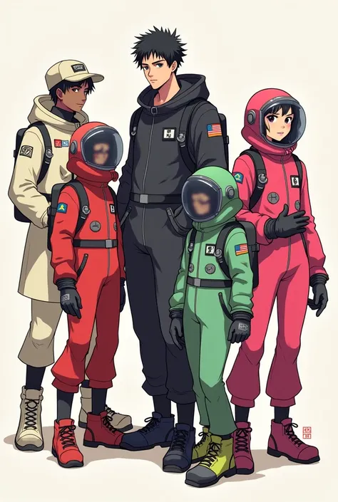 5 astronauts in the style of Among Us, each with particular characteristics and different colored clothing (5 cores: offwhite, blackw, rot, Unripe, Pink). Make them anime style. with striking features, For example: one wears a hat, another lab coat, anothe...