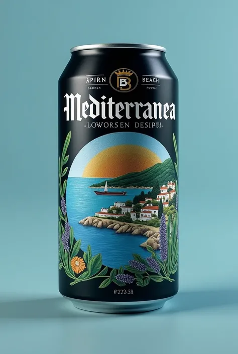 Create me an image with the following characteristics, taking into account that it is a brand of beer that would incorporate a mixture of Mediterranean herbs, like thyme, rosemary and lavender, which would not only give it a unique and refreshing flavor, b...