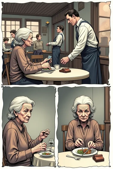 comic strip, old woman eating alone restaurant, the crew come to her for the paymnet, shes gonna use debit card
