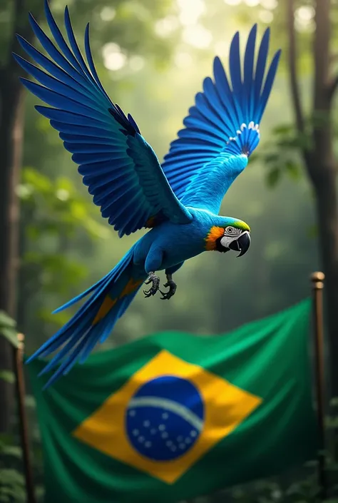 Blue macaw flying over the Brazilian flag with a forest background and the initial HP highlighted