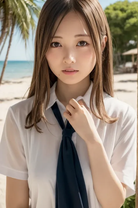 (at the resort beach:1.5)、whole body ezbian、((女子高生の制服姿でappear:1.3))、(masterpiece、highest quality) 、soft lighting、really great im...