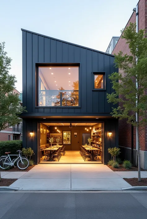 Design the front view of a establishment with garage type concept which it has a bicycles for parking 