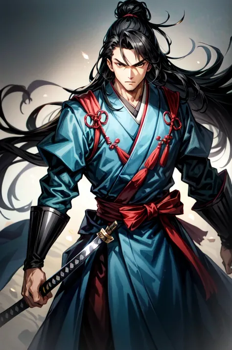 Young Man, Cool Swordsman, wearing light blue kimono, long Hair, black hair, black Eyes, Intimidating Appearance, A sharp sword on his back, full body, anime, cinematic lighting, cowboy shot, UHD, retina, masterpiece, accurate, anatomically correct, textur...