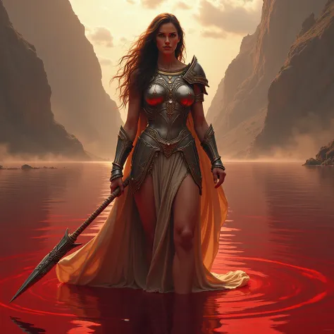 A tall athletic build girl, who looks like goddess athena covered in full plated armor, her skin Dewey olive colour and her long brown hairs, she looks breathtaking and powerful at the same time, standing across a blood lakeMasterpiece, Anatomically Correc...