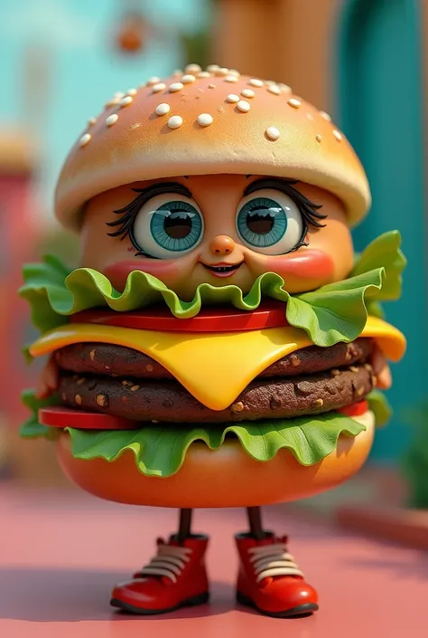  with big eyes dressed as a hamburger