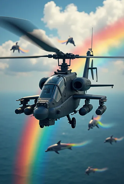  Apache helicopter with machine gun over the sea with rainbow dolphins and unicorns jumping with lots of rainbows 
