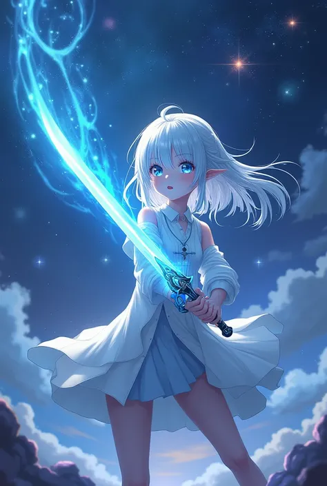 A anime character in the galaxy with blue eyes and white hair,blue sword 