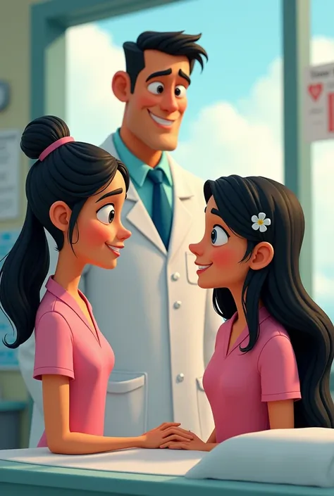 It generates an image for me, of a black-haired nurse with long, tied-up hair and a young lady dressed in pink talking to a tall, male doctor, but use faces that are cartoonish like the one in the movie charm, Colombian film, that have Latin American facti...