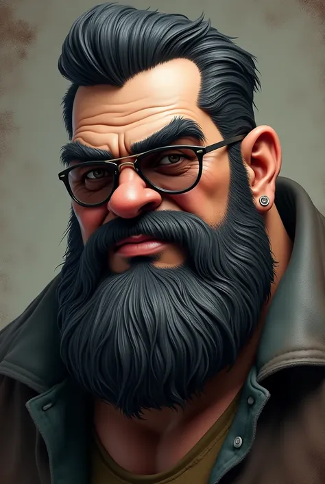 Bluto with aviator glasses, black and grey hair combed back, short black and grey beard, with earrings, clay style. 