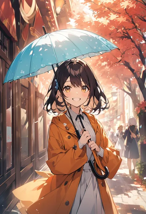 Woman holding an umbrella、She turns around and smiles brightly.