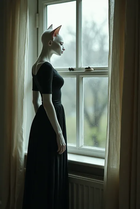 A white female cat in human body wearing a black top and a skirt watching from window of a house of a house from outside