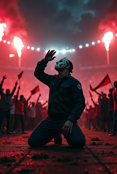 Jason Voorhees on his knees pointing to the sky, behind him a stadium surrounded by fans with red flares and white and red and black flags and night 