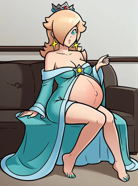 score_9, score_8_up, 1girl, solo, rosalina, style parody, thick outlines, lace robe, maternity robe, panties, pregnant belly, big belly, sleeveless, strapless, cleavage, indoors, Sitting, aqua Toenails, 