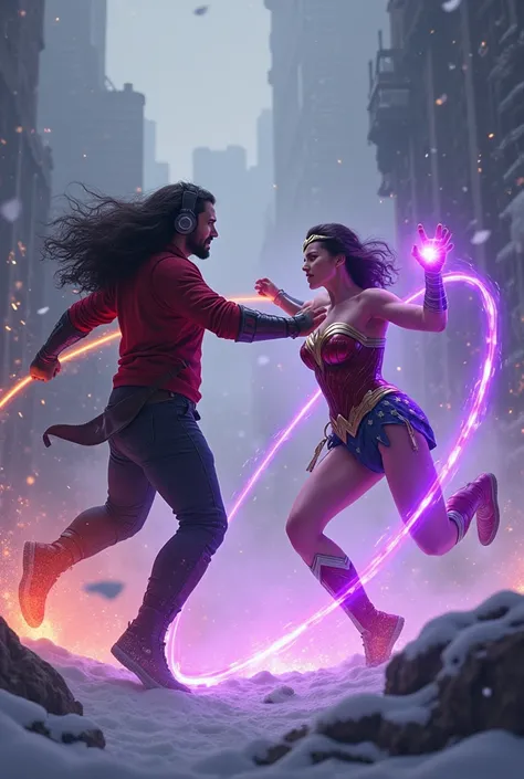 Wonder woman dancing with star-lord with red hoodie, black pants, headphones, star-lord helmet, gas helmet, covered mouth, round red eyes, Red eyes, rocket boots, Vs, spider gween, big breasts, Fighting, power, fiction, full body, fire in boots, poweful sp...