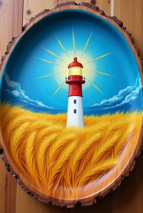 Make a picture that looks like a drawing, that is, a painting, that has a lighthouse represented, and also that it has wheat spikes represented, I have to paint that in a Batella, which is like a wooden plate, and I have to write this right there,The Chris...