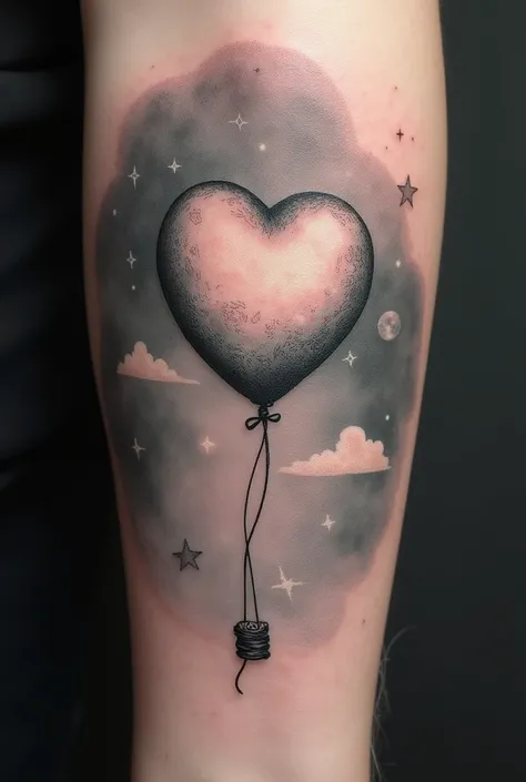 Moon tattoo with a balloon heart 
