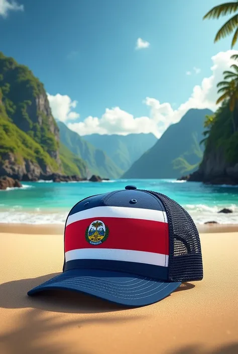 Create an image to sublimate on a cap Where you can see the flag of Costa Rica Its beaches and mountains And CTP Nandayure is placed above 