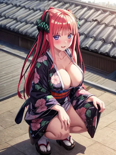 best quality, insanely detailed, nino nakano, breasts, blush, looking at viewer, cheerful eyes, arousal, kimono, highleg kimono, tight kimono, roof top background, Squat