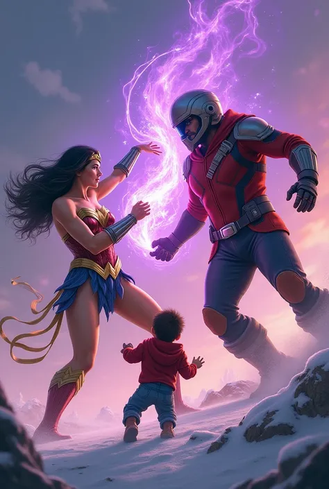 Wonder woman dancing with star-lord with red hoodie, black pants, headphones, star-lord helmet, gas helmet, covered mouth, round red eyes, Red eyes, rocket boots, big breasts, Fighting, power, fiction, full body, fire in boots, poweful spells, realistic, 3...