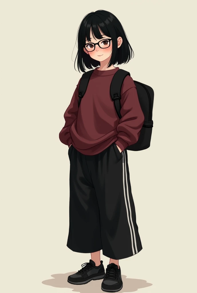  Girl,black hair, White skin, black glasses, Blush on nose and cheeks pink and blurry, dark red loose sweatshirt, wide black pants with white stripes on the side of the pants, black shoes, black backpack, He has his hands in his pants pockets., neutral or ...