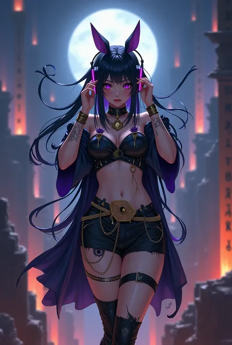 long hair, harajuku, alternative fashion, punk fashion, moonlight, Putting on headphones, leaning forward, Ruined city, purple eyes, knee boots, torn skirt, Stepping on pedal effects, audience, ecstasy, blush, smile, piercings, black hair, octagonal yin ya...