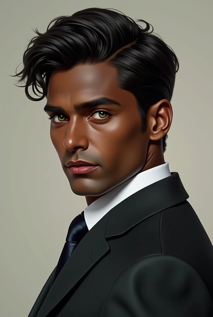 A man with black hair, fluffy hair, green eyes, handsome face, dark skin, wearing a suit, is a realistic drawing.