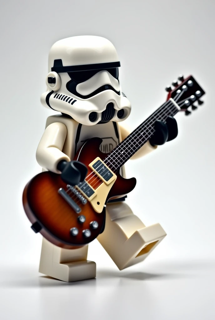 Photorealism 1.4 realistic realism high detailed definition  Lego minifig  stormtrooper play guitar Gibson sg with action at studio background white posterized clear images