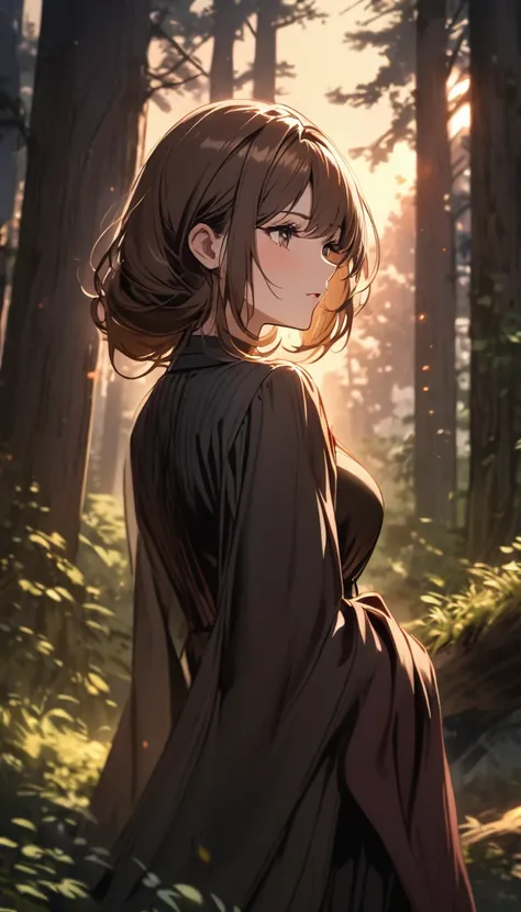 A beautiful, mysterious woman with brown hair, Watching the sunset in a beautiful forest  