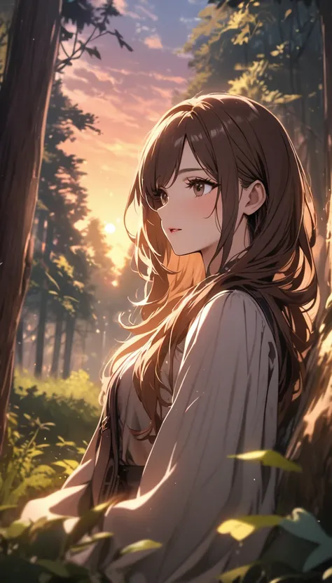 A beautiful, mysterious woman with brown hair, Watching the sunset in a beautiful forest  