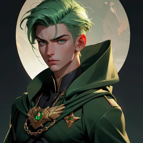 envision a 8k, highres, semi realistic cinematic close up portrait of a slender boy named Elan Ceres with a muscular body, Clean Shaved, sleek green hair, and Military Uniform, Cape, against a dark gray background