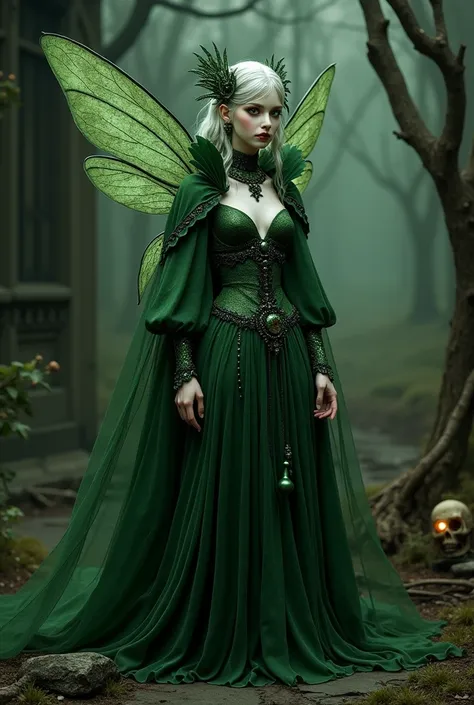 A fairy in green vampire clothes and wings, I need inspiration for a Halloween party, show me more details like skulls, bloodstains