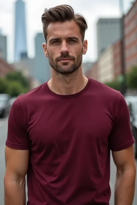 Generate a real male model with a maroon color T-shirt on, so that he looks 
English. A city looks in the background.  Front view.